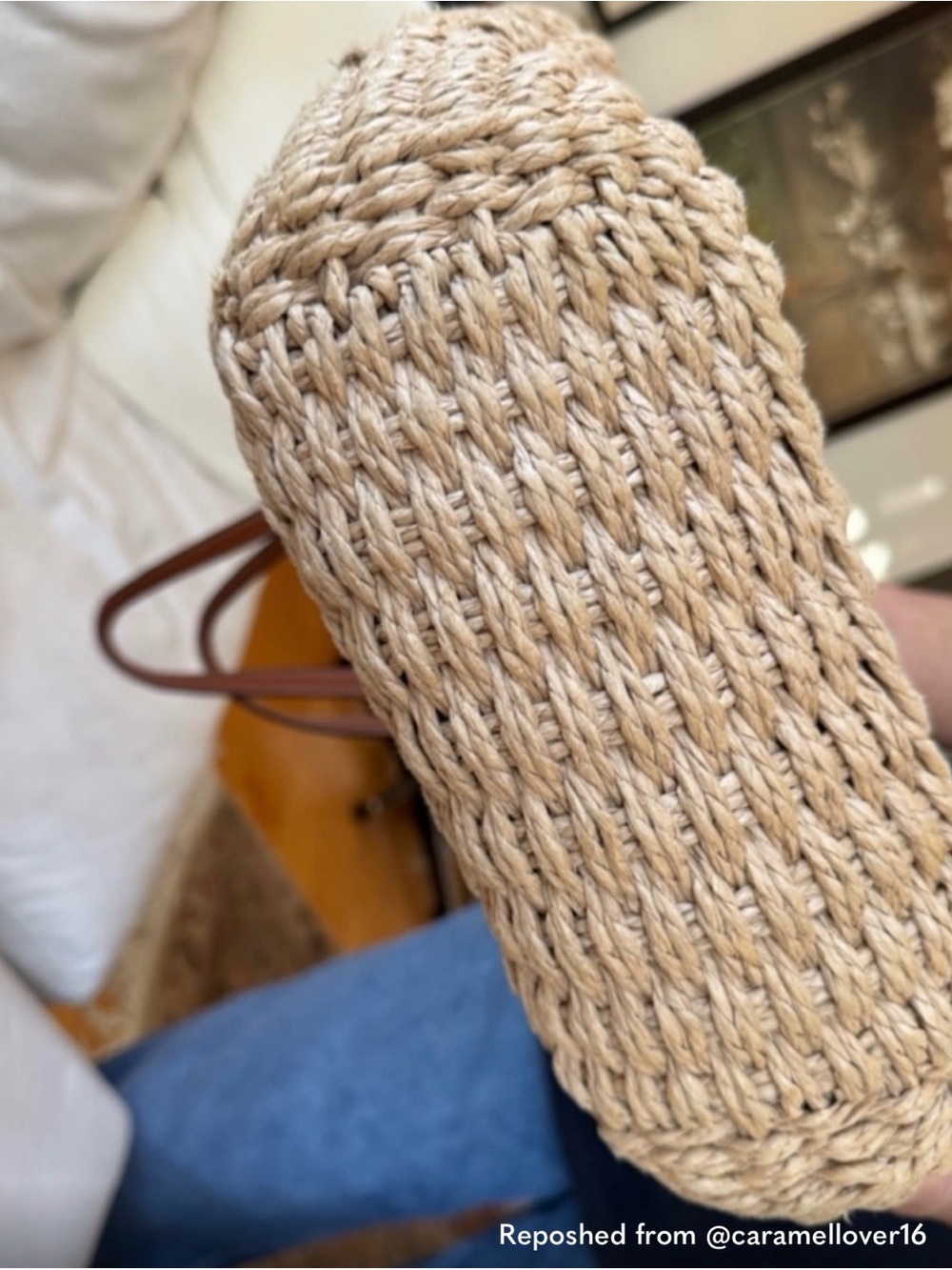 Natural Woven Raffia Loewe Tote with Genuine Leather Trim - Natural Straw Color - Picture 7 of 7